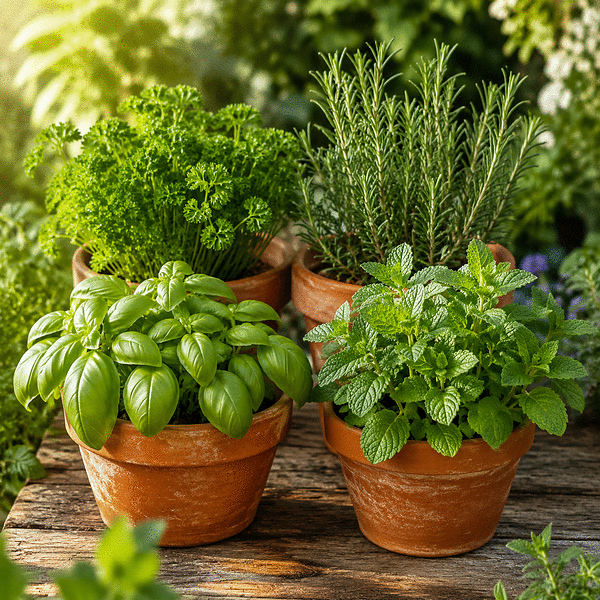 Macetas con albahaca, perejil, romero y menta