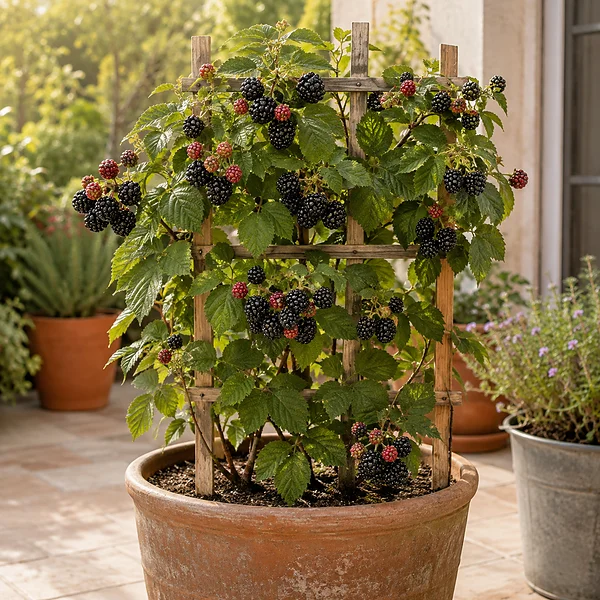 Moras creciendo en maceta con enrejado de madera