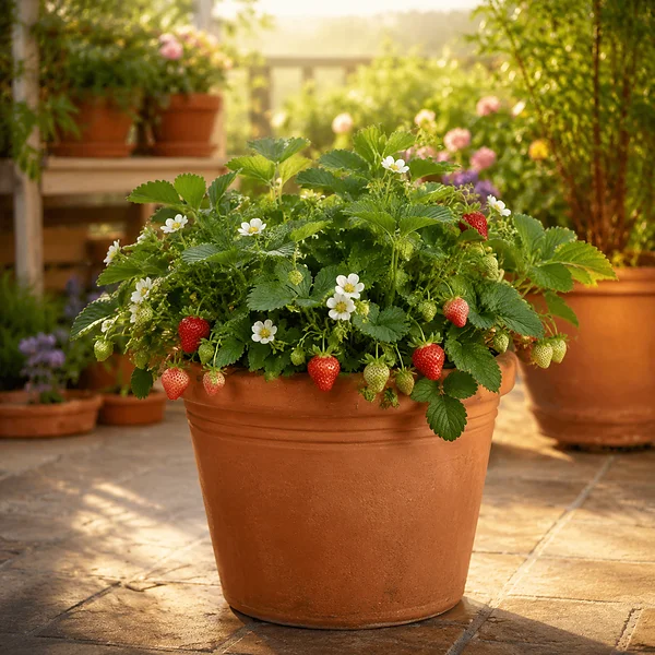 Fresas cultivadas en maceta de barro en una terraza