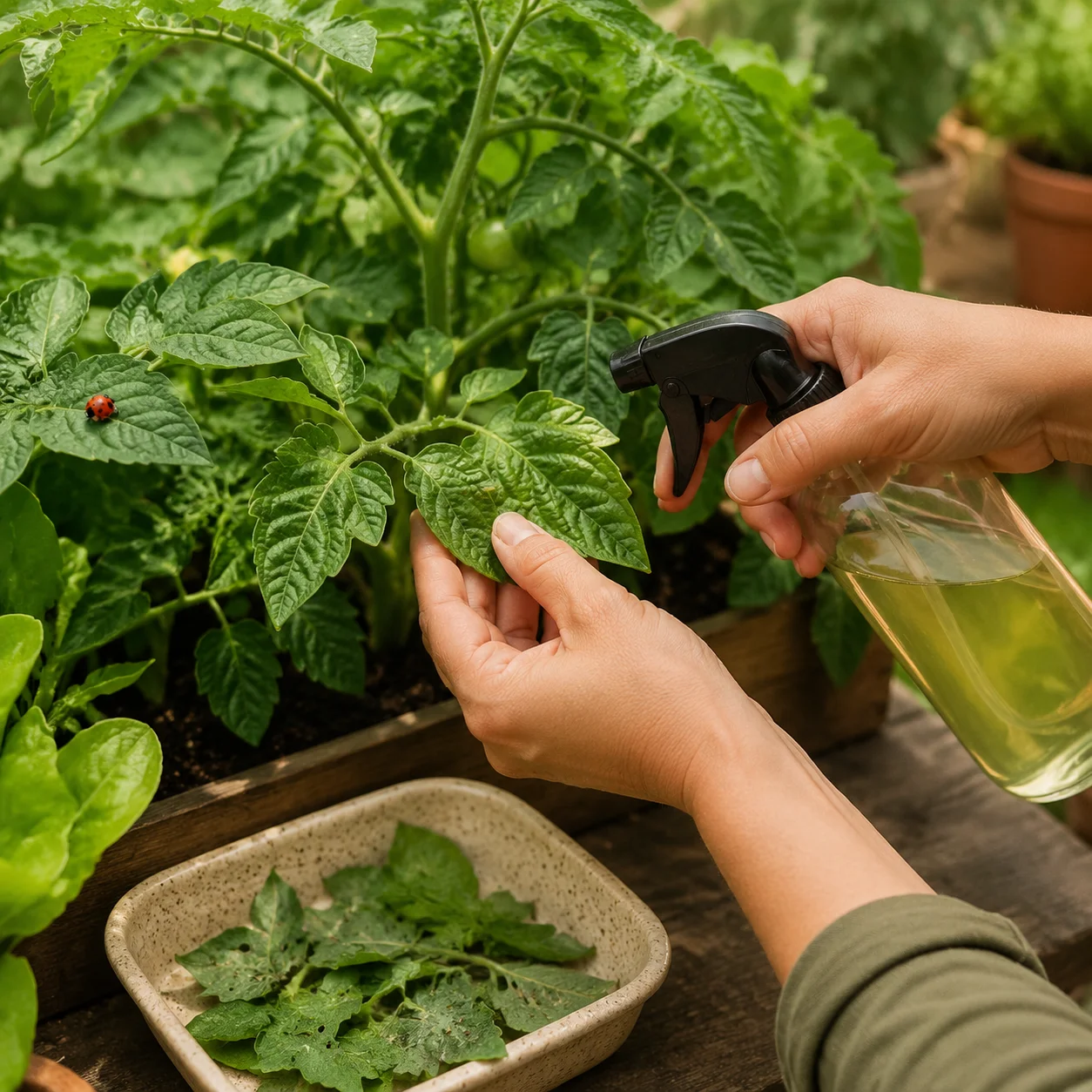 Persona rociando las hojas de una planta de tomate con un aspersor para revisar plagas
