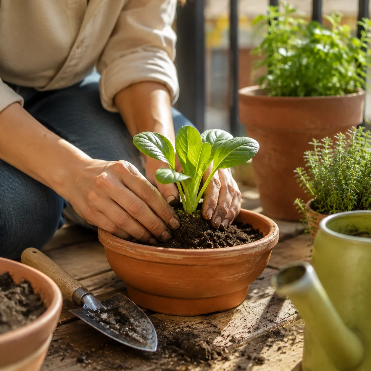 Persona plantando un almácigo en una maceta de barro