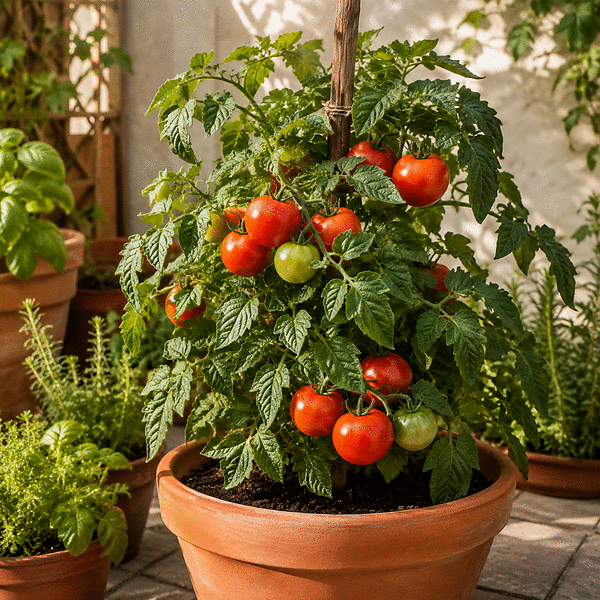 Tomates rojos maduros en una maceta con tutor