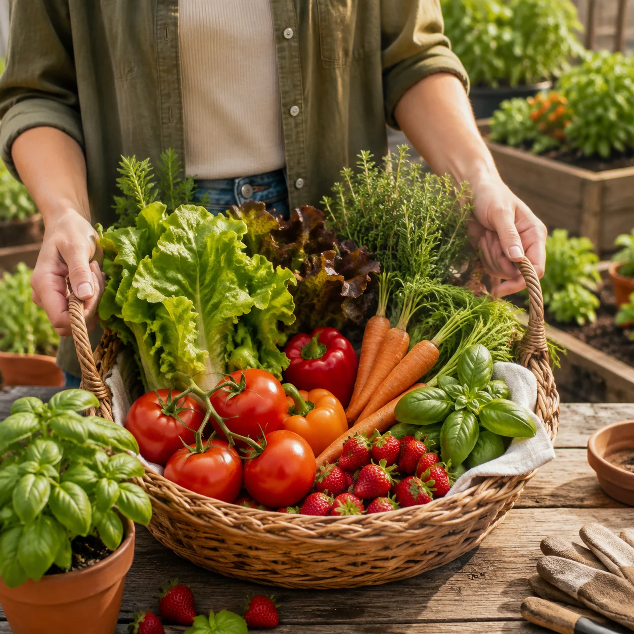 Canasta de mimbre con tomates, lechugas, zanahorias, fresas y albahaca recién cosechados