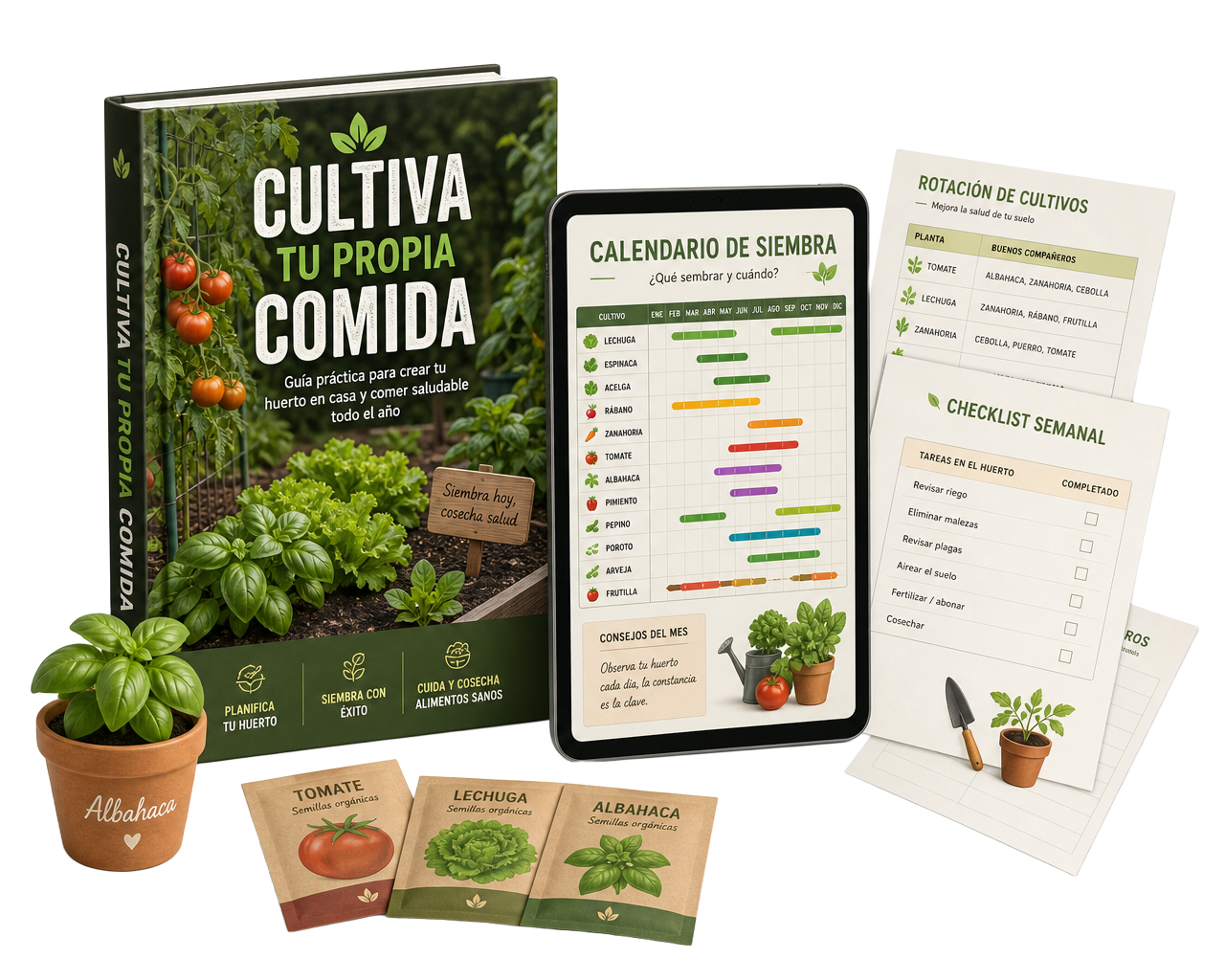 Mockup completo de la guía Cultiva tu Propia Comida