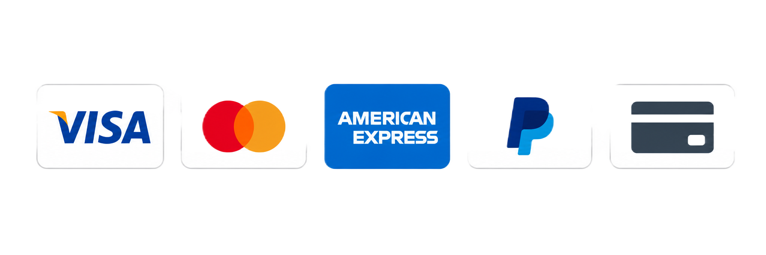 Métodos de pago aceptados: Visa, Mastercard, American Express, PayPal y tarjeta de crédito